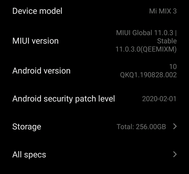 Mix 3 Android 10 update