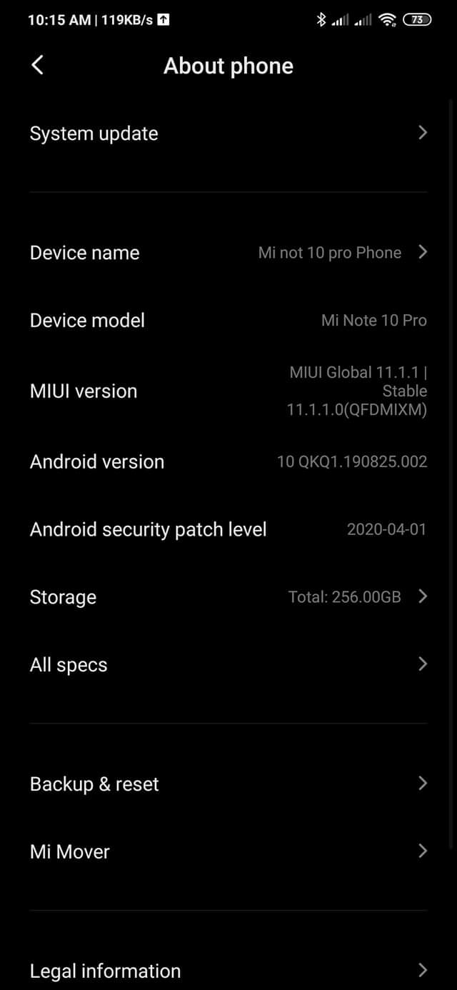 Mi note 10 pro Android 10 update