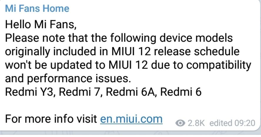 Won't be receiving the miui 12 update

