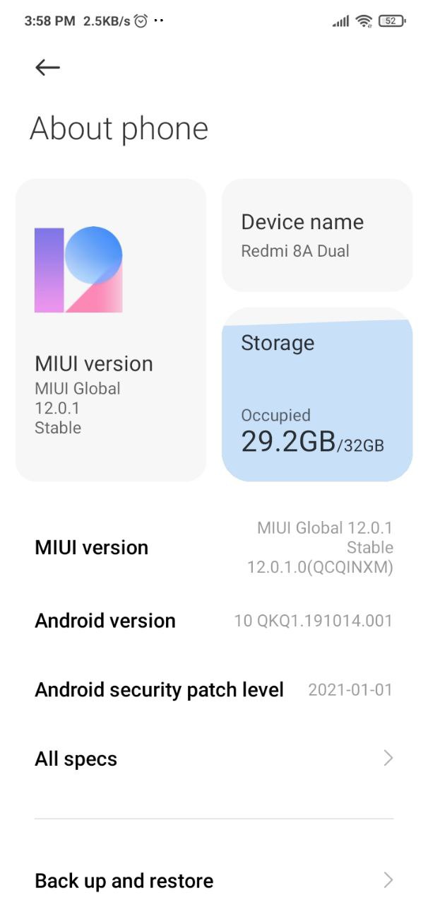 Redmi 8A Dual MIUI 12 update