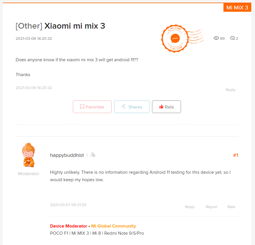 Xiaomi mi mix 3 Android 11 update