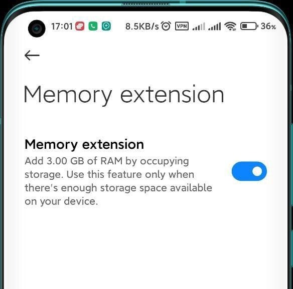 How to enable memory Extension function in MIUI 12.5
