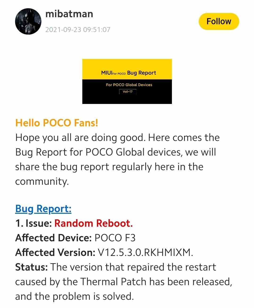 Miui bug report on POCO F3 random reboots