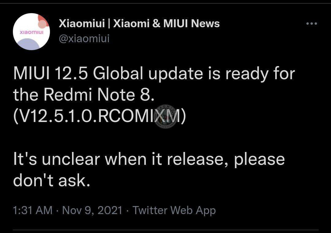 Global Redmi Note 8 MIUI 12.5 update