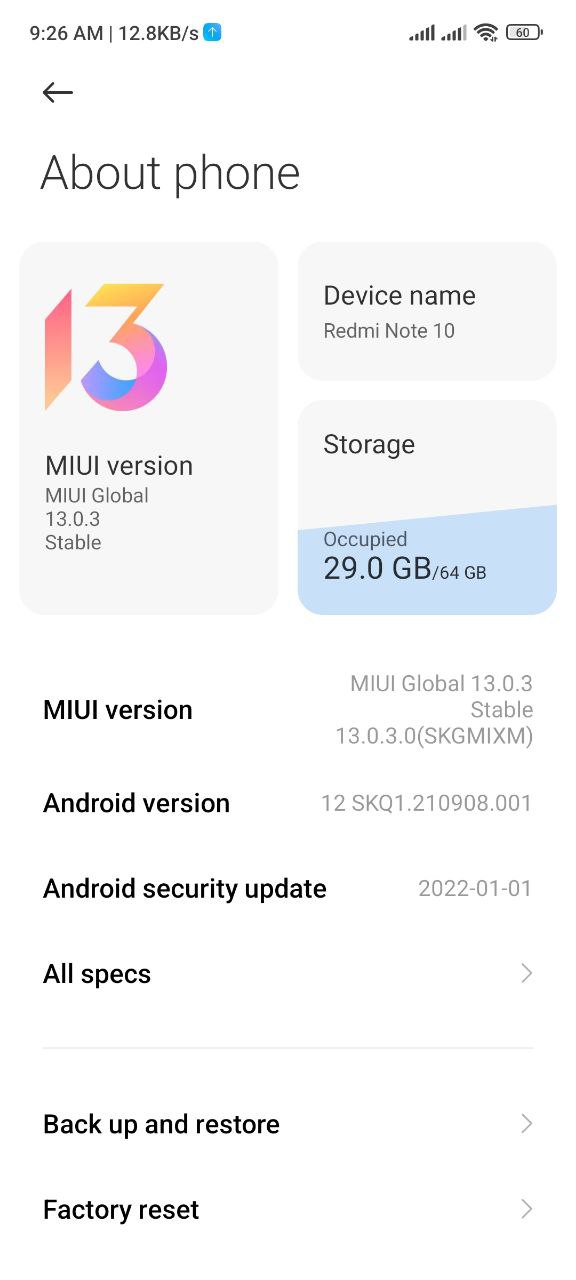 Redmi Note 10 January 2022 security patch