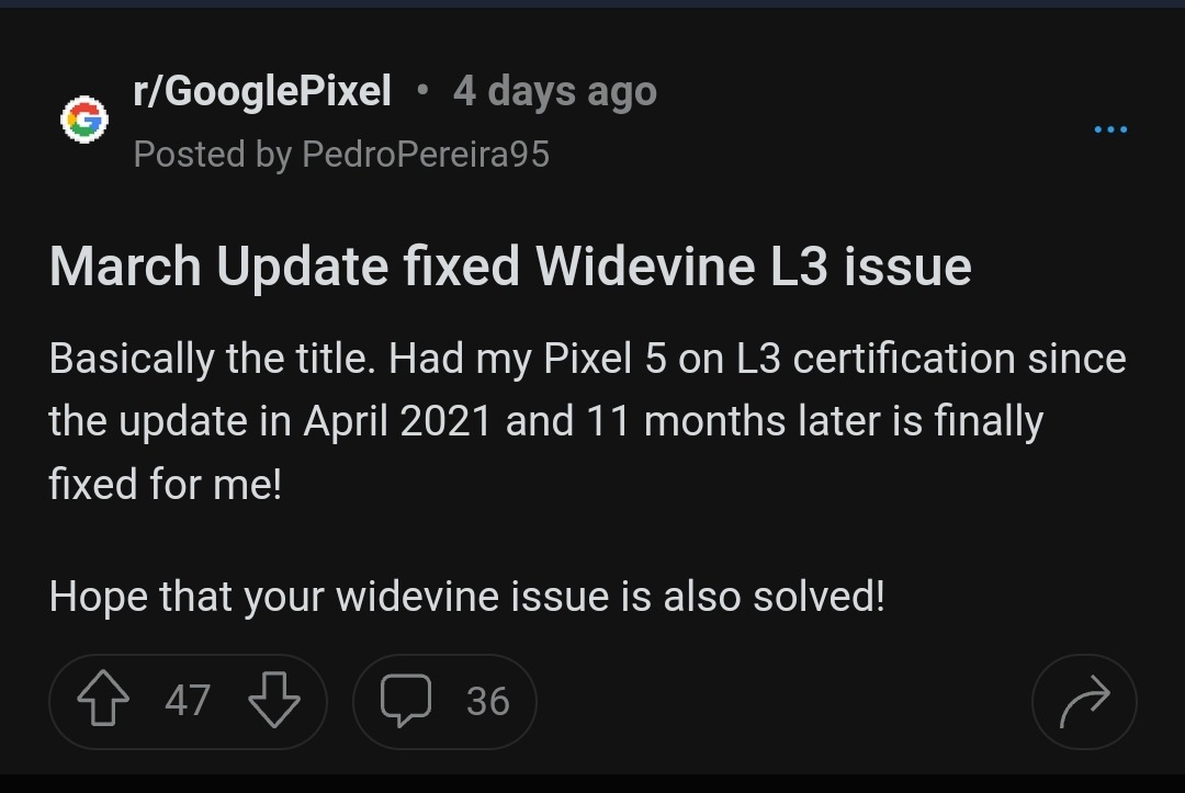 Pixel Widevine L1 bug