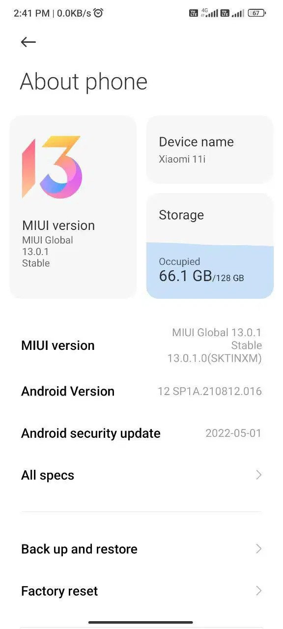 Xiaomi 11i Hypercharge MIUI 13 update