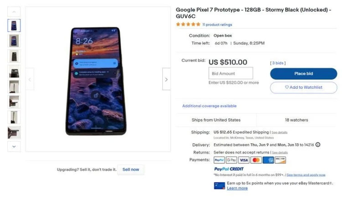 Google Pixel 7 listed on eBay