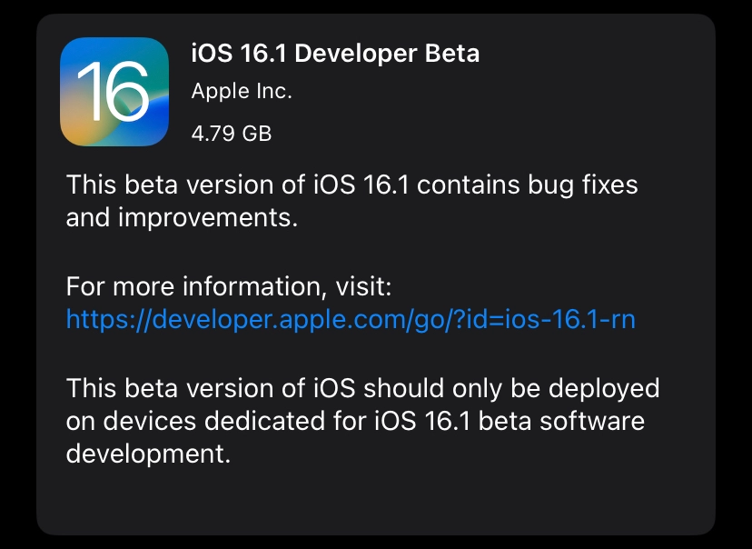 Apple iOS 16.1 beta 1