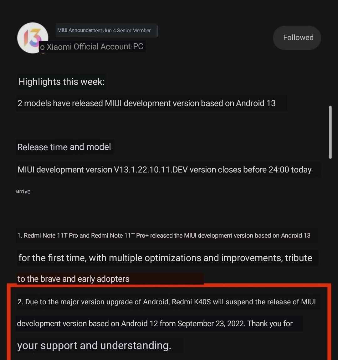 Android 13-based MIUI 13 for Redmi K40S POCO F4 