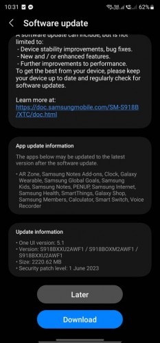 latest Samsung Galaxy S23 update 