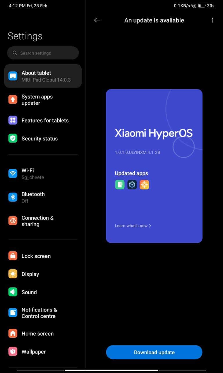 Redmi Pad HyperOS update