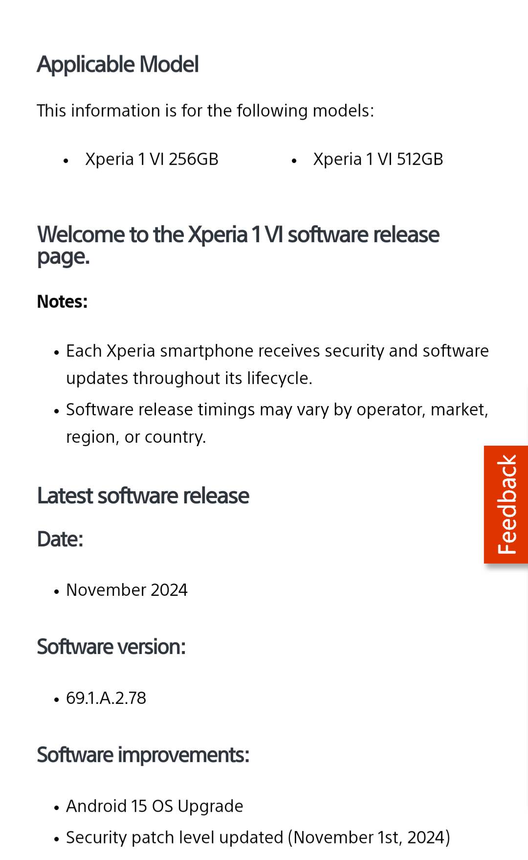 Sony Xperia 1 VI Android 15 update