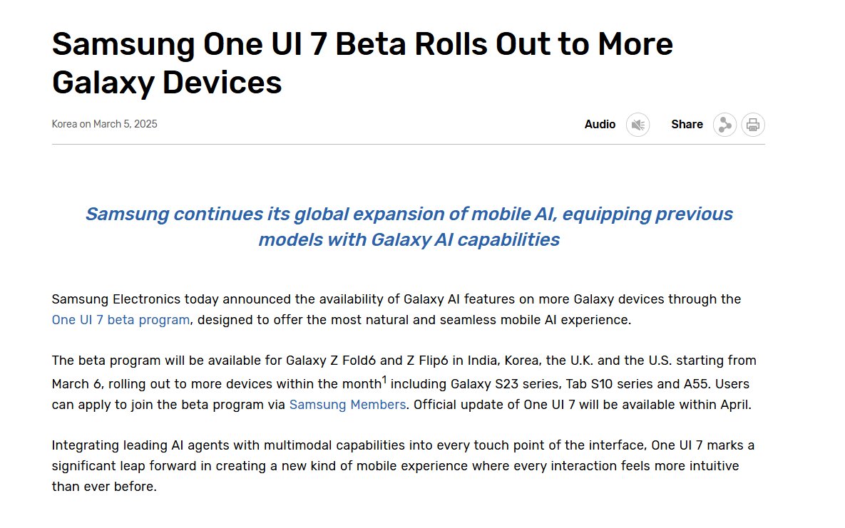 Countries eligible for the One UI 7 beta