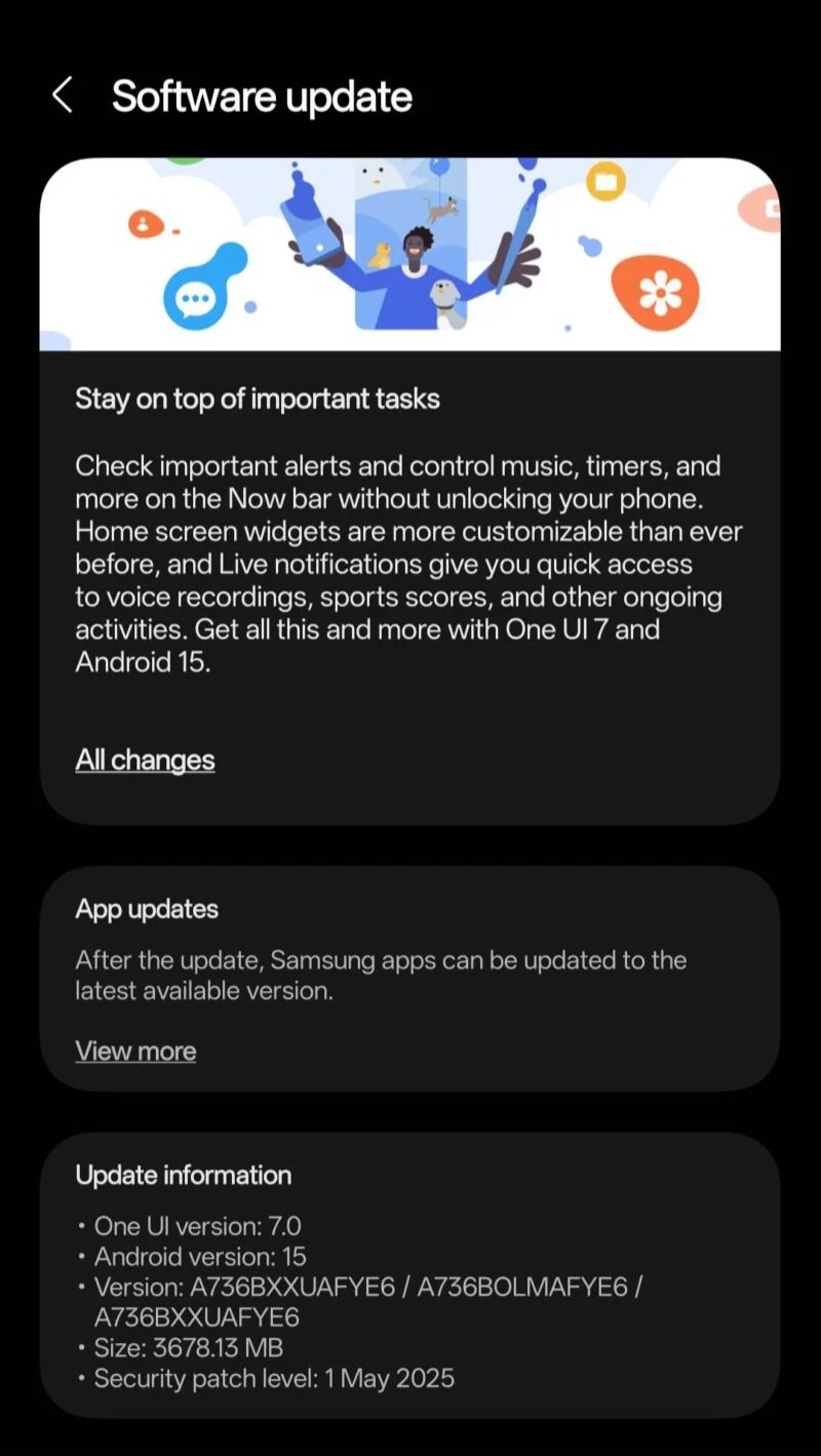 Galaxy A73 One UI 7 stable update 